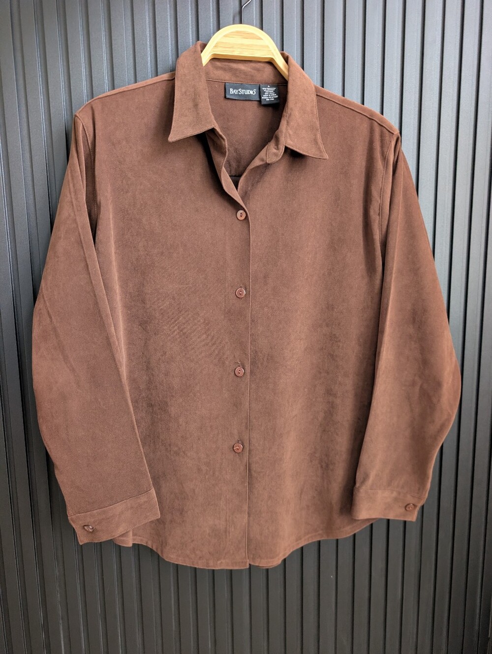 Faux Suede Brown Button Up Long Sleeve Size L